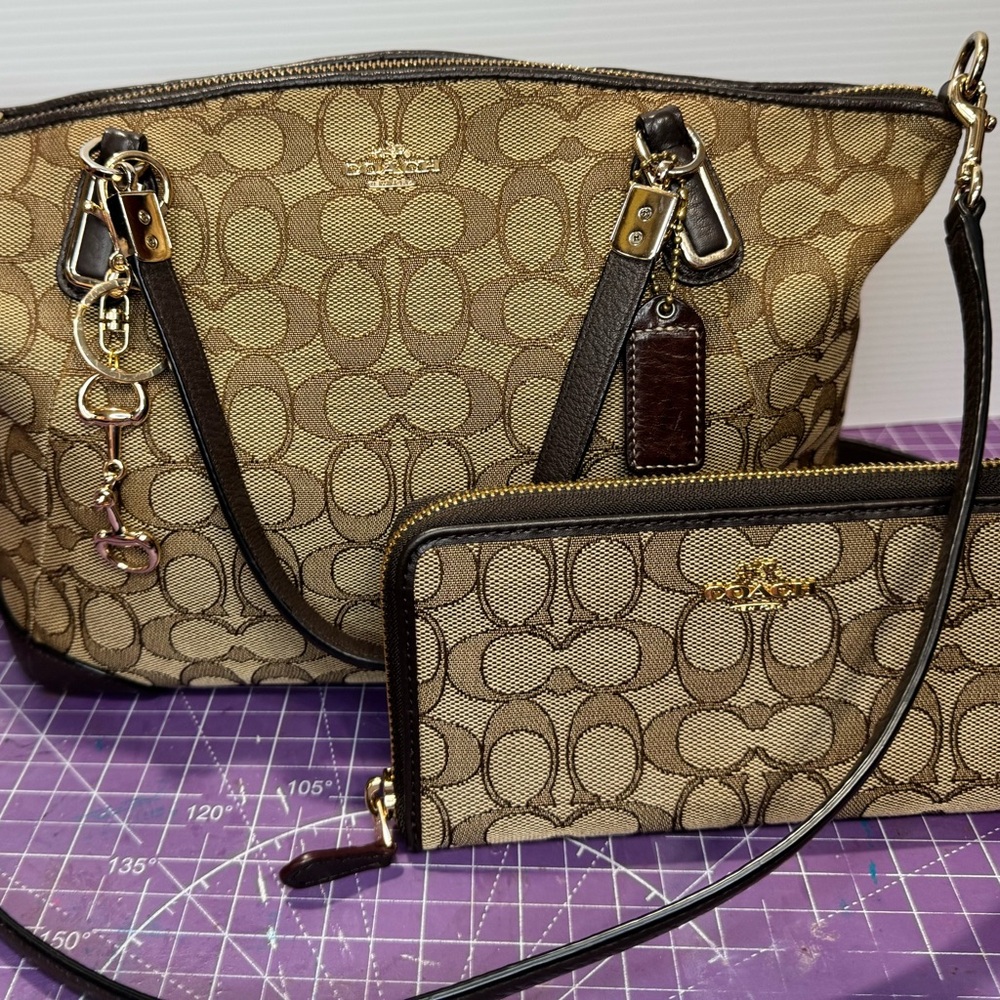 Coach Kelsey satchel in signature jacquard with leather trim w/matching wallet